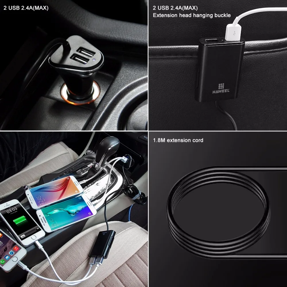 HAWEEL Car Charger For Smartphones 1.8m Portable 9.6A Max 4 Ports USB Extending USB HUB Passenger Front+Backseat Phone Charging
HAWEEL Car Charger For Smartphones 1.8m Portable 9.6A Max 4 Ports USB Extending USB HUB Passenger Front+Backseat Phone Charging