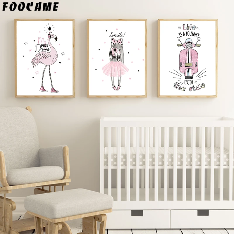 FOOCAME Flamingo Pink Girl Motorcycle Nordic Posters and Prints Nursery Wall Art Canvas Painting Decoration Pictures Kids Room | Дом и сад