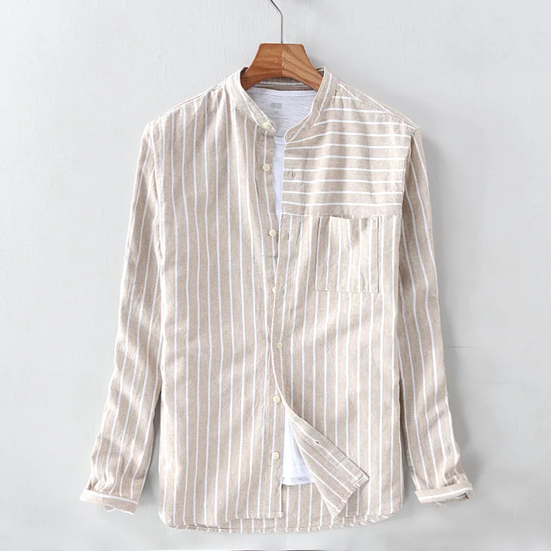 Designer New long sleeve striped shirt men linen stand collar apricot color stripes cotton shirts male fashion overhemd chemise
Designer New long sleeve striped shirt men linen stand collar apricot color stripes cotton shirts male fashion overhemd chemise