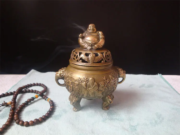 Антикварный антиквариат китайская медная латунная курильница Будды Maitreya | Дом и