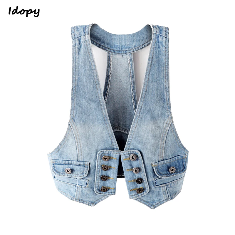 Idopy Women`s Summer Waistcoats Denim Vest Women Sexy Korean Style Halter Sleeveless Jean Jacket Female Slim Veste Femme Coat
Idopy Women`s Summer Waistcoats Denim Vest Women Sexy Korean Style Halter Sleeveless Jean Jacket Female Slim Veste Femme Coat