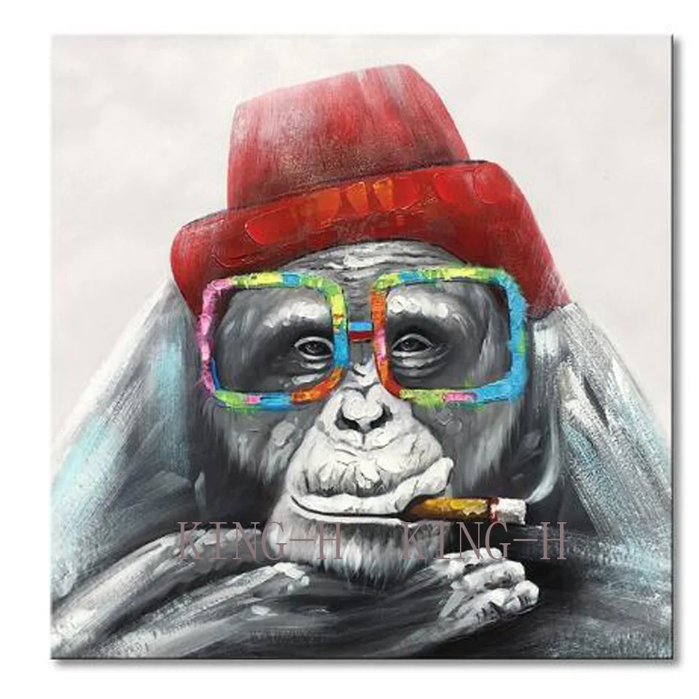 Ручная роспись маслом обезьяны черная и красная шляпа в очках Обезьяна для
