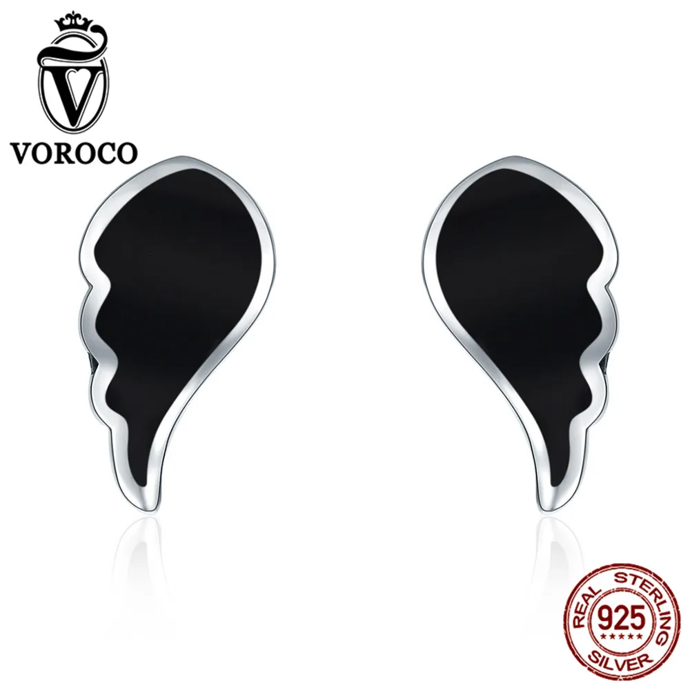 Voroco натуральная 925 Sterling Silver Wings Chic Черная Эмаль Серьги-гвоздики для Для женщин