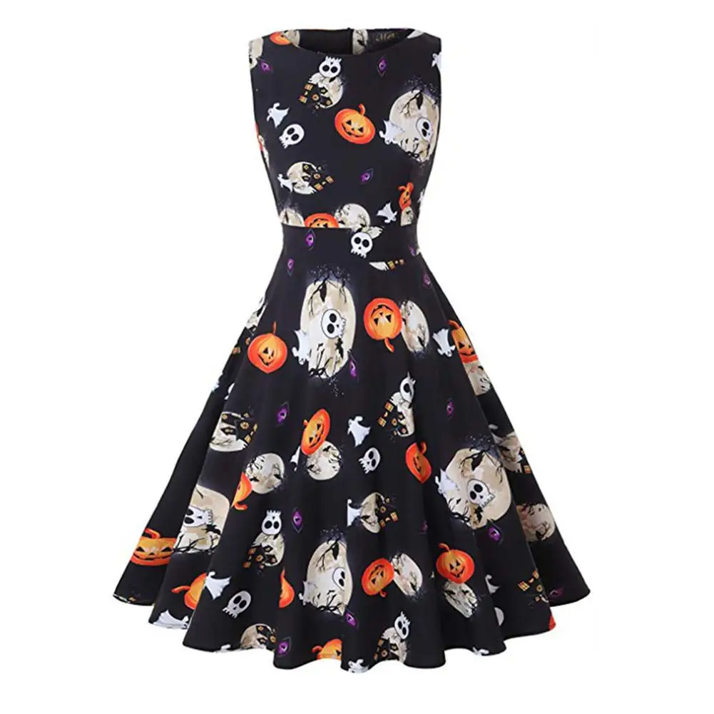 Новинка винтажное платье на Хэллоуин с принтом черепа тыквы без рукавов тонкая