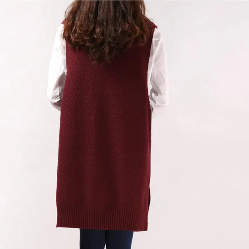 2021 Women Sweater Spring Autumn New Korean Women's V-neck Knit Long A-shaped Pocket Vest Pullover Sleeveless | Женская одежда