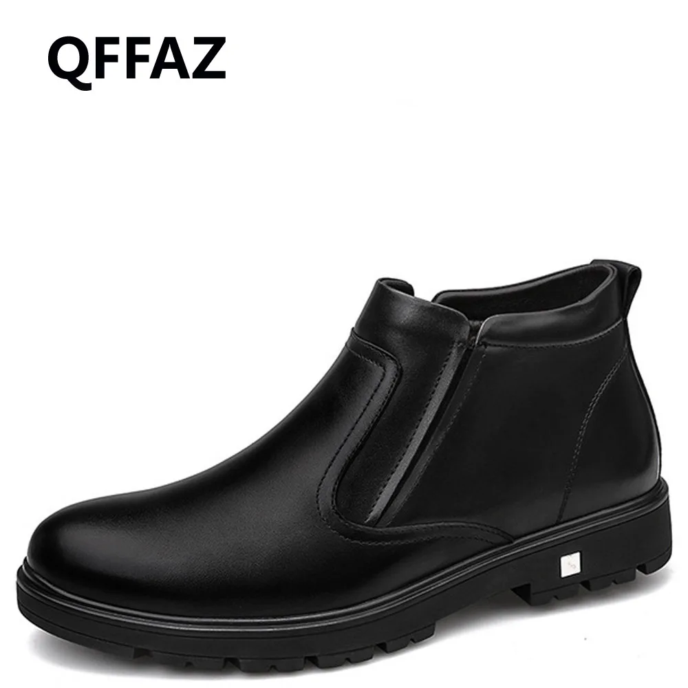 Мужские ботинки QFFAZ теплые плюшевые мужские зимние обувь мужская черная кожаная