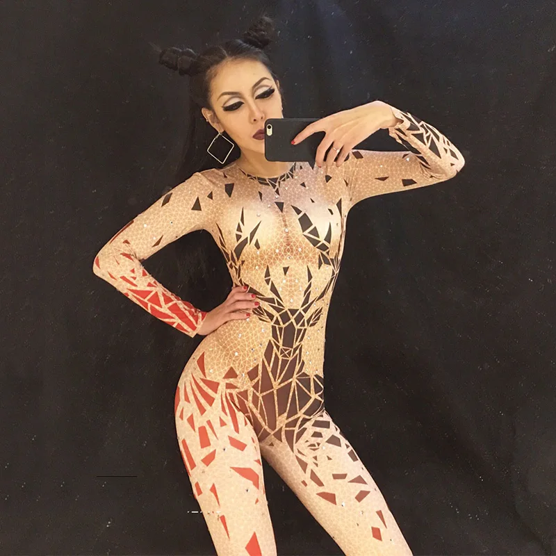 Long Sleeve Elk Print Nude Color Jumpsuit One Piece Bodysuit Costume Stage Outfit Singer Dancer Performance Rompers DNV10835 |