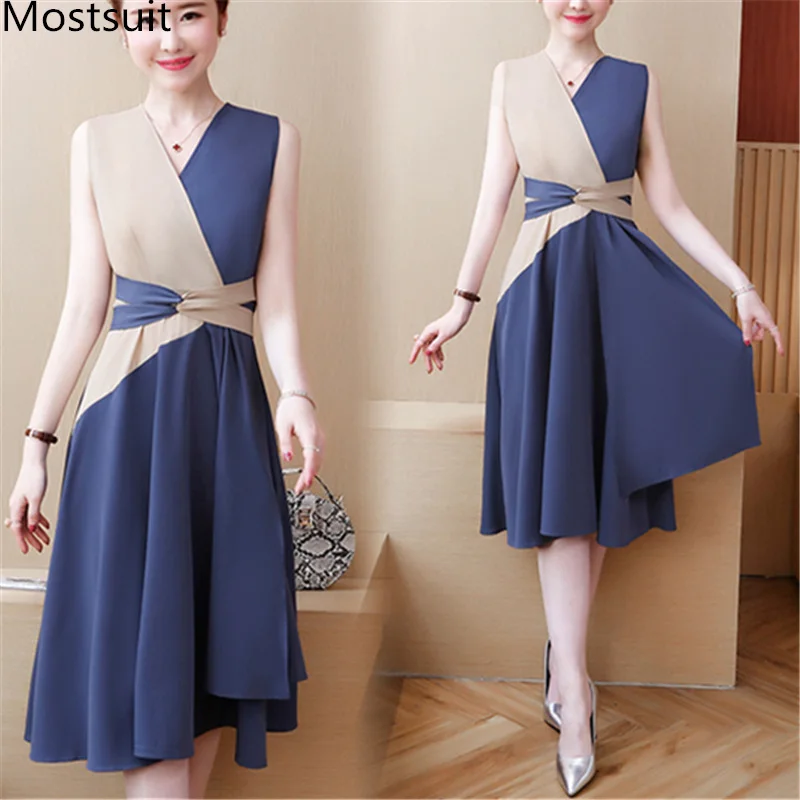 L-5xl Blue Summer Sleeveless Dress Women V-neck Korean Office Casual Elegant Sexy Vintage Vestidos Dresses Mujer 2022
L-5xl Blue Summer Sleeveless Dress Women V-neck Korean Office Casual Elegant Sexy Vintage Vestidos Dresses Mujer 2022