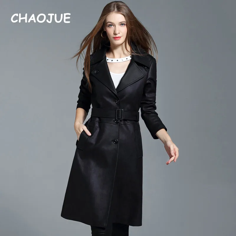 

CHAOJUE Brand England Woman Fashion Long Trench Coat 2018 New Design Black Single Breasted Pea Coat Womens Slim Fit Outwear