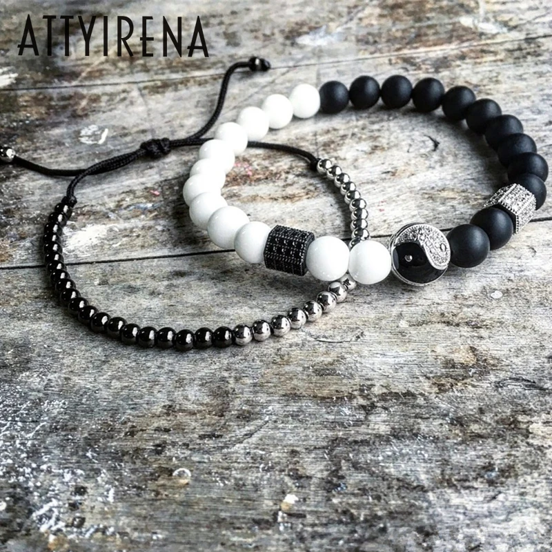 

ATTYIRENA Luxury Geometric Hexagon Brass Beads Nature stone Bracelets Retro Style Tai Chi Beads Bracelet Pulseira Masculina