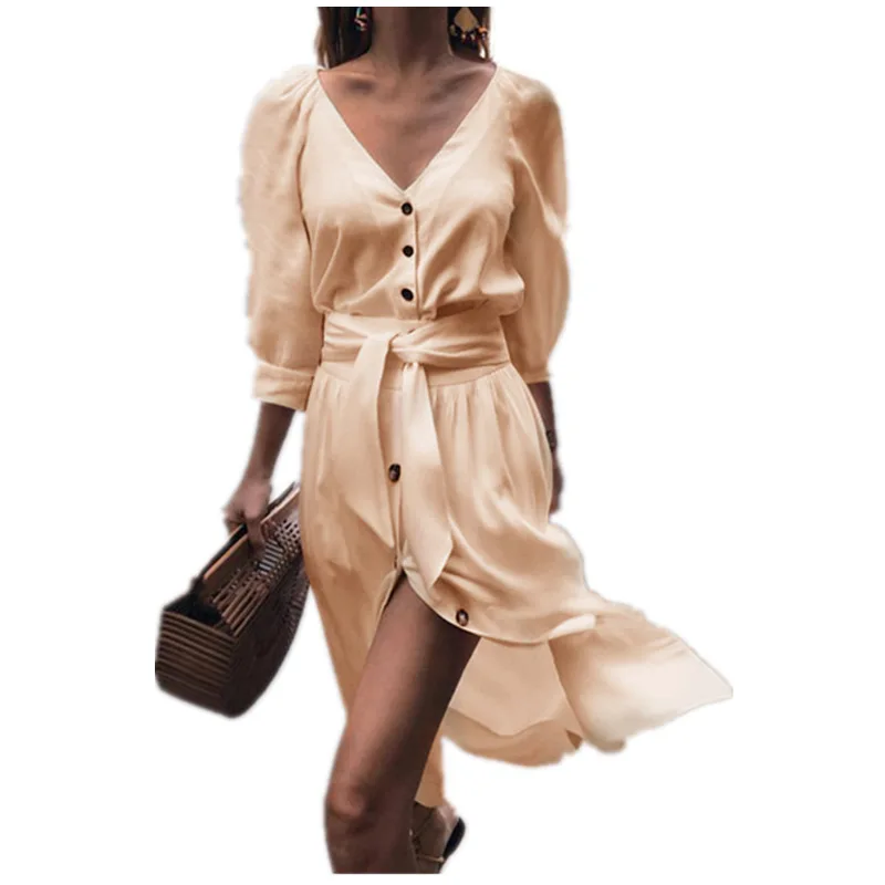 spring and autumn new V-neck strap casual sleeves solid color over the knee was thin temperament wild dress
spring and autumn new V-neck strap casual sleeves solid color over the knee was thin temperament wild dress