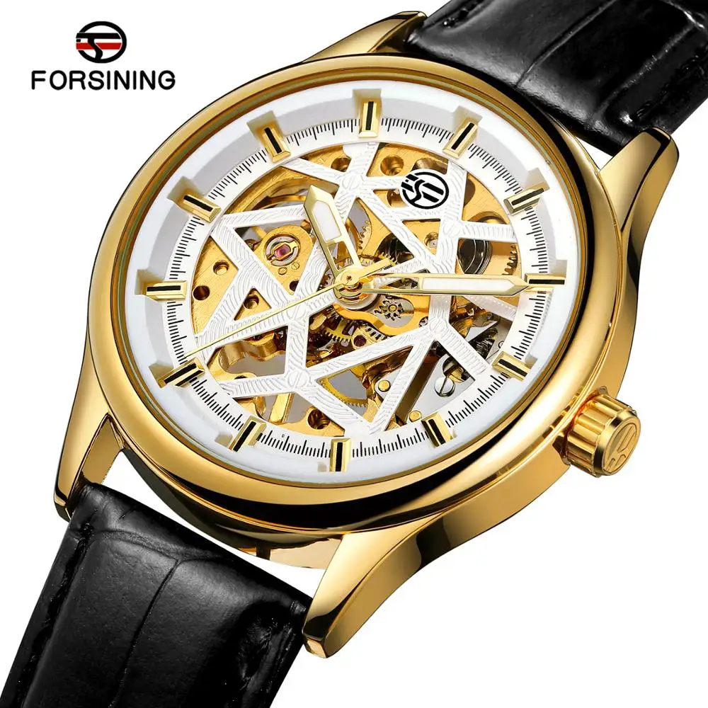 Forsining Top Brand Men's Classical Color Bars Index Dial Analog Hand Winding Mechanical Skeleton Genuine Leather Wrist Watch | Наручные