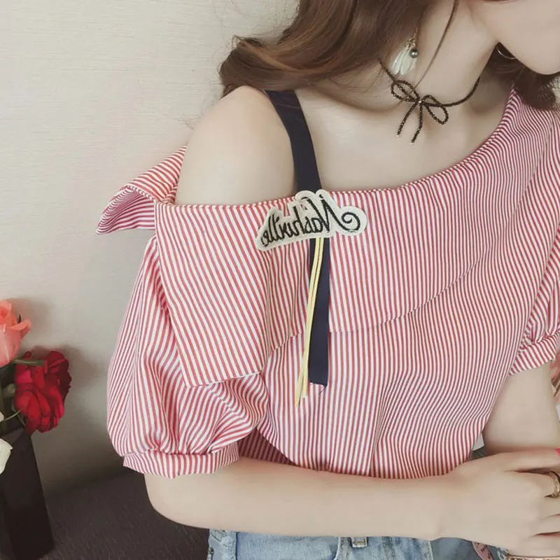 Korean Cute Women Summer Blouses Striped One Shoulder Short Sleeves Strap Shirts Female Tops H9
Korean Cute Women Summer Blouses Striped One Shoulder Short Sleeves Strap Shirts Female Tops H9