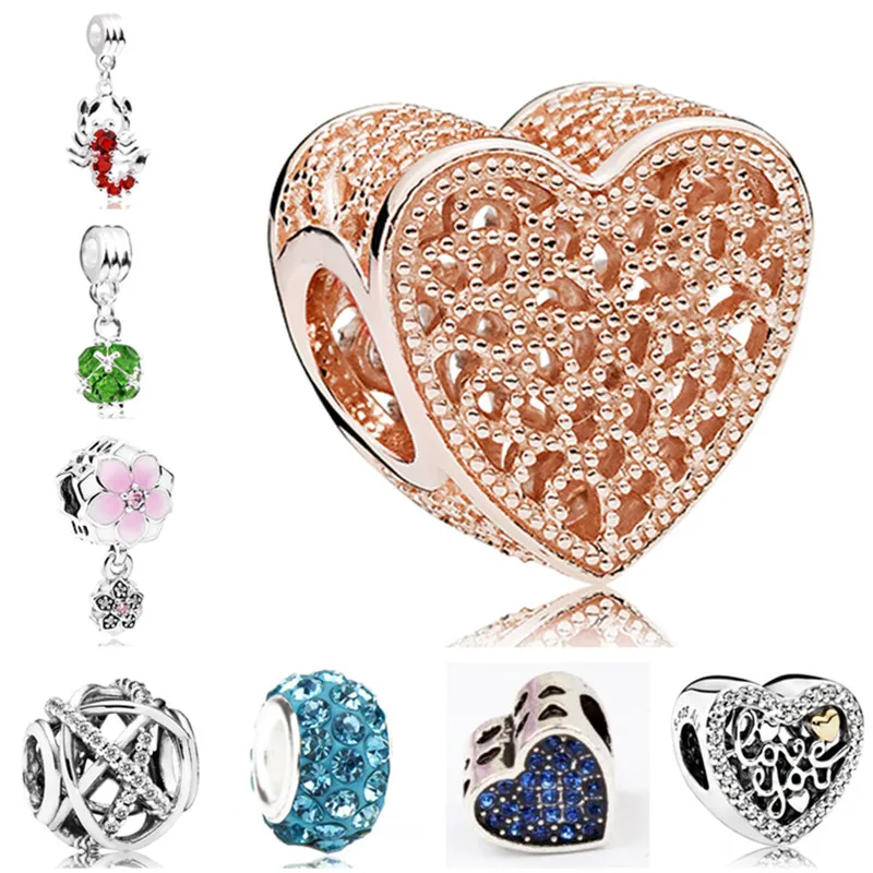 Роскошный пустой кристальный подвеска в форме сердца с костяной цепочкой и цветочными бусинами подходит для создания ювелирных изделий Pandora на браслетах и ожерельях для женщин.