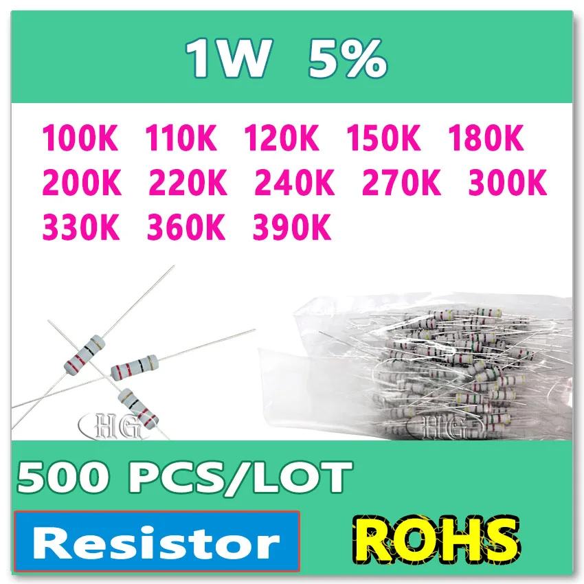 

JASNPROSMA 500PCS/LOT 5% 1W 100K 110K 120K 150K 180K 200K 220K 240K 270K 300K 330K 360K 390K carbon film DIP OHM Resistor