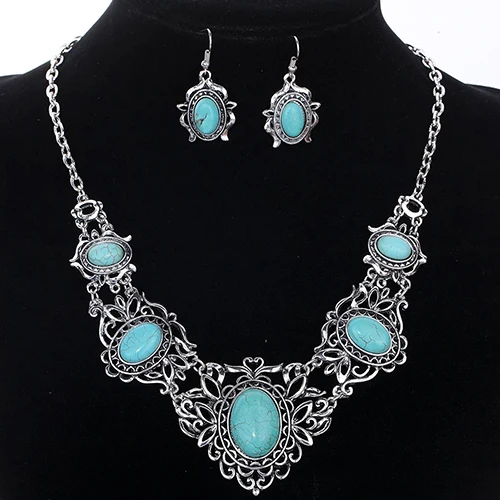 Bohemian Women's Hollow Tibetan Oval Bib Collar Oval Natural Stone Necklace Earrings African Beads Jewelry Set Wedding Costume d
Bohemian Women's Hollow Tibetan Oval Bib Collar Oval Natural Stone Necklace Earrings African Beads Jewelry Set Wedding Costume d