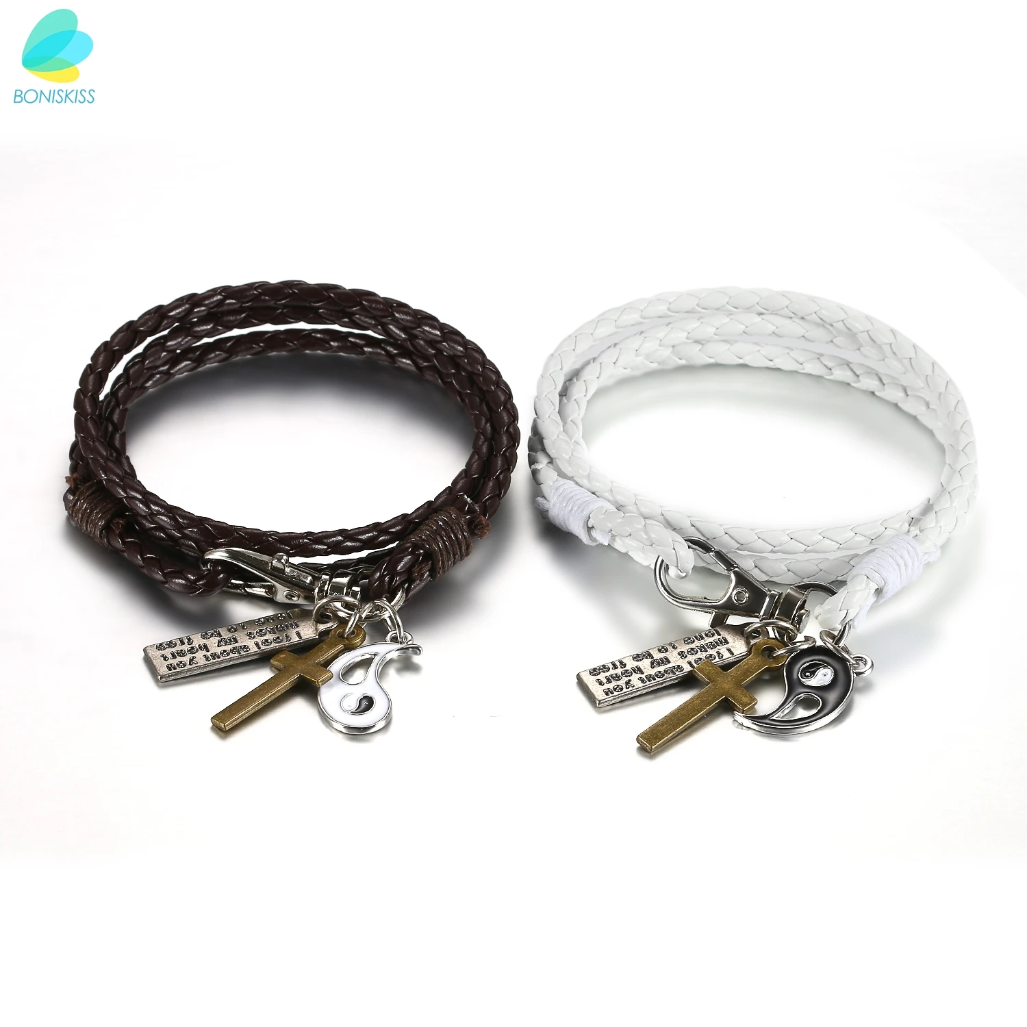 

BONISKISS Handmade Couple Lovers Leather Bracelet With Cross Yin Yang Charm Multi-layer (pair) Fashion Bangles Jewelry Bracelets
