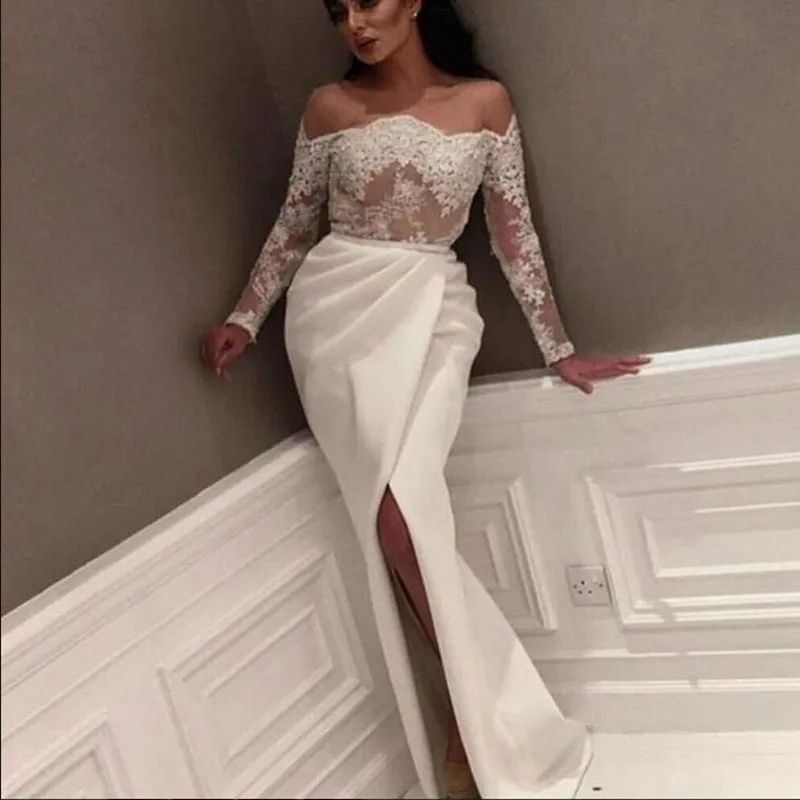 Ivory Applique Off Shoulder Mermaid Evening Gown 2019 Full Sleeve Prom Party Dress High Slit Robe De Soiree Sheer Formal Dresses
Ivory Applique Off Shoulder Mermaid Evening Gown 2019 Full Sleeve Prom Party Dress High Slit Robe De Soiree Sheer Formal Dresses