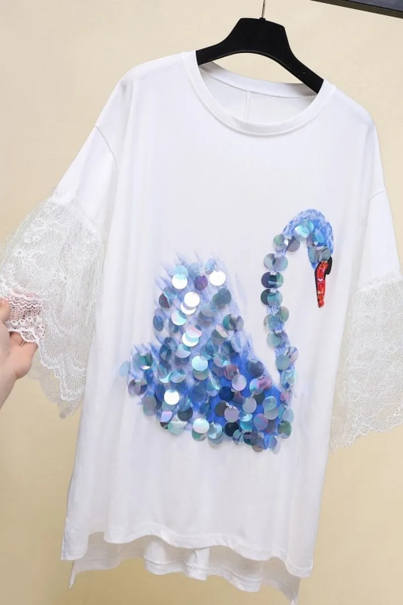 2019 New Spring Summer Loose Lace Flare Sleeve Top Medium-long Sequins Swan Printing All-match Casual Students T-shirts White
2019 New Spring Summer Loose Lace Flare Sleeve Top Medium-long Sequins Swan Printing All-match Casual Students T-shirts White