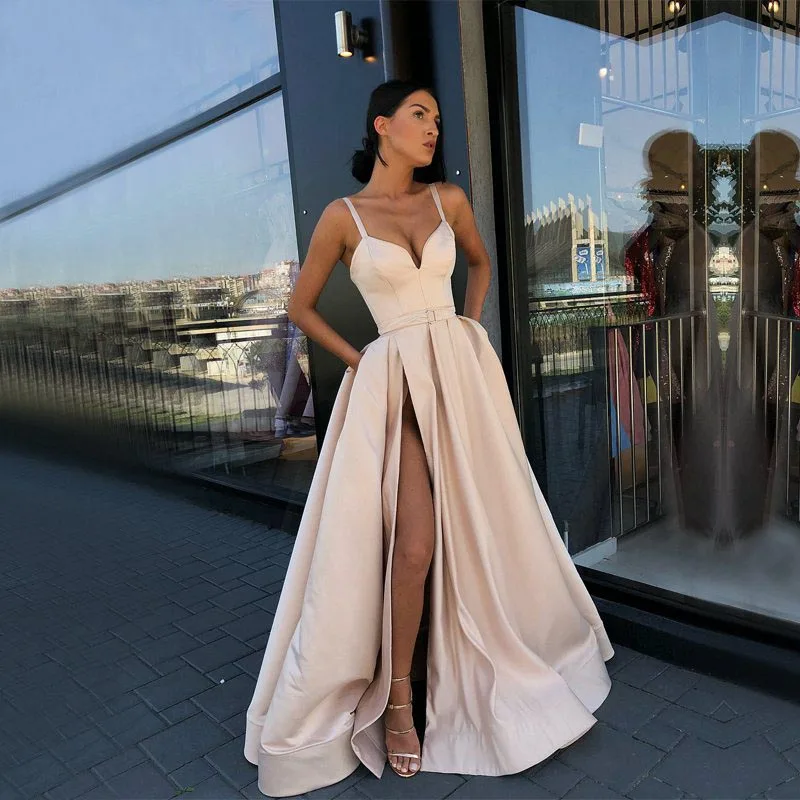 Long Simple Evening Dress 2019 Sexy Sweetheart High Slit Champagne Satin Women Formal Gowns With Pocket robe de soiree
Long Simple Evening Dress 2019 Sexy Sweetheart High Slit Champagne Satin Women Formal Gowns With Pocket robe de soiree