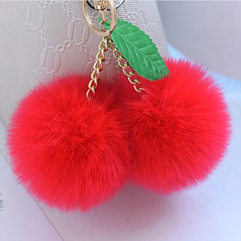 

Fluffy 8cm Faux Rabbit Fur Ball Pompom Gold Chain Cherry Key Ring Trinket Pompon Keyring Women Bag Charm Car Keychain Party Gift