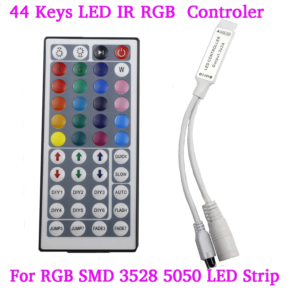 44 Keys LED IR RGB mini Controler For RGB SMD 3528 5050 LED Strip LED Lights Controller IR Remote Dimmer Input DC5V/12V24V 6A
44 Keys LED IR RGB mini Controler For RGB SMD 3528 5050 LED Strip LED Lights Controller IR Remote Dimmer Input DC5V/12V24V 6A