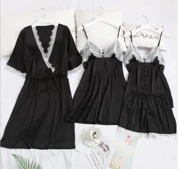 Fdfklak 4 Pieces set short sleeve spring summer pajamas women silk lace nightwear female sexy home clothes pijama mujer new
Fdfklak 4 Pieces set short sleeve spring summer pajamas women silk lace nightwear female sexy home clothes pijama mujer new