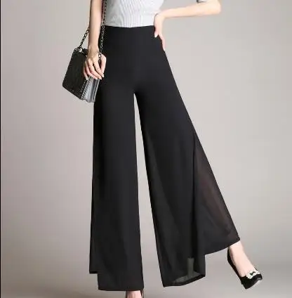 Женские двухслойные шифоновые широкие брюки с высокой талией повседневные юбка