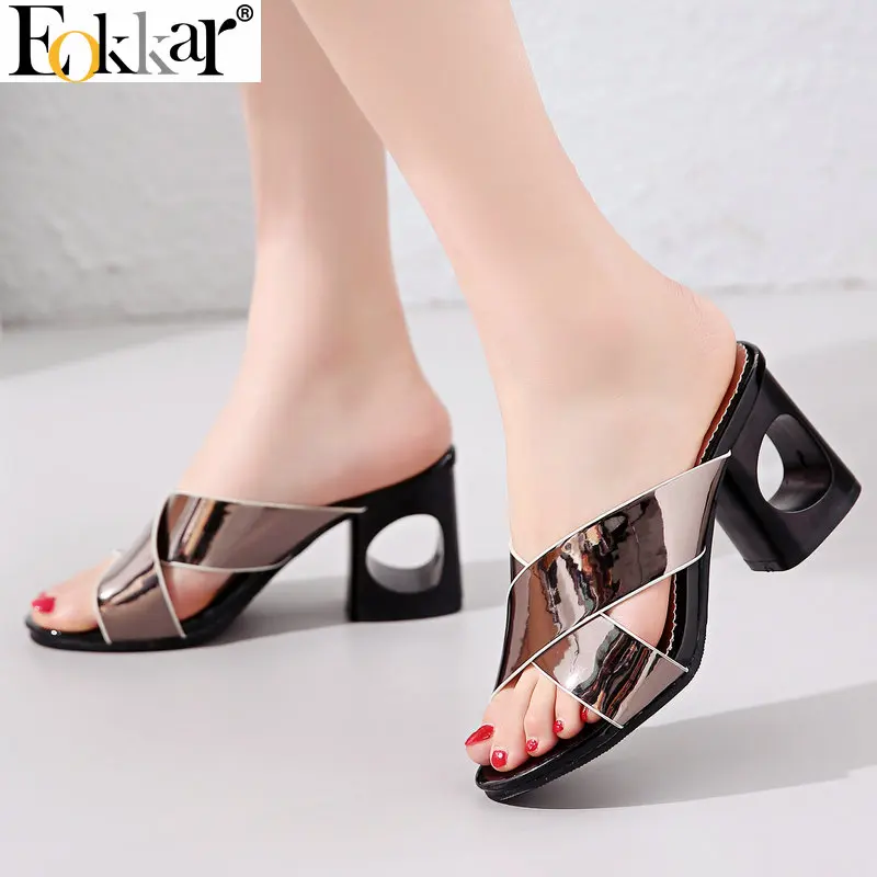 

Eokkar 2019 Women Sandals Block Heel Open Toe Slip on Women Pumps Patent Leather Ladies Mules Shoes Slingbacks Pumps Size34-45