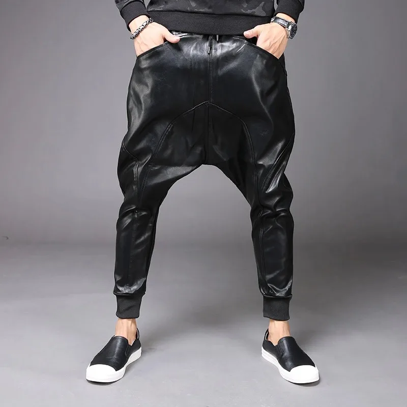 

M-6XL New Fashion Mens Punk Moto PU Faux Leather Casual Harem Drop Crotch Pants Jeans Street Dance DJ Rock Slacks Trouser M-2XL