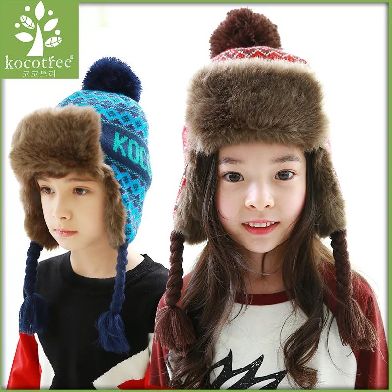 Kids Winter Warm Hat Ear Protection Cap Students Earflap Fur Hats Girls Beanie Ski Raccoon Hair Ball Caps B-8768 | Аксессуары для
