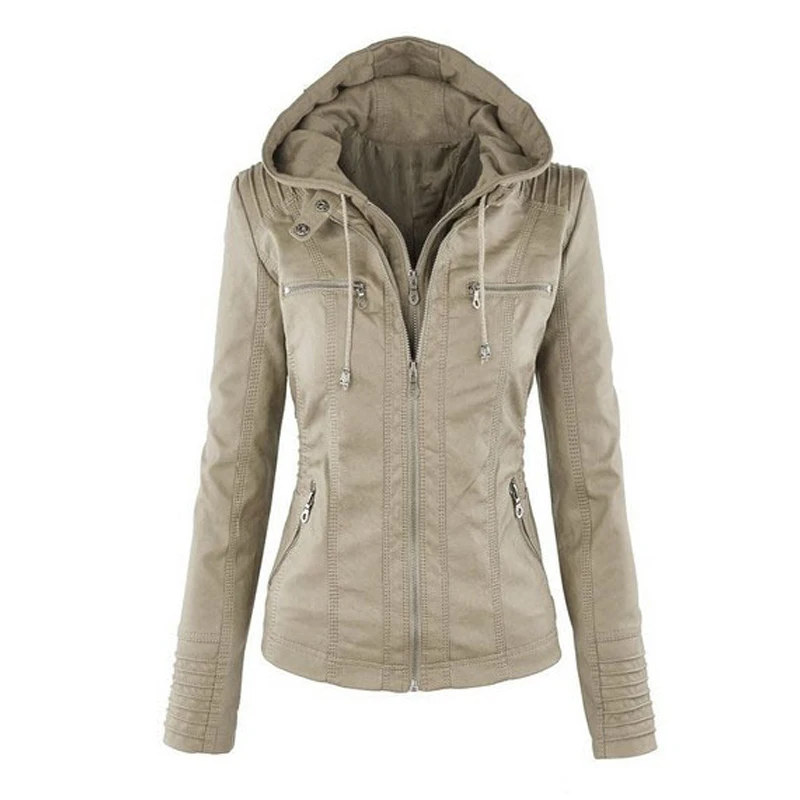 

Women Leather Slim Jacket Faux Twinset Detachable Hat Caps Autumn Winter Hoodie Hooded Zip-up Pocket Outerwear Coats Q6226