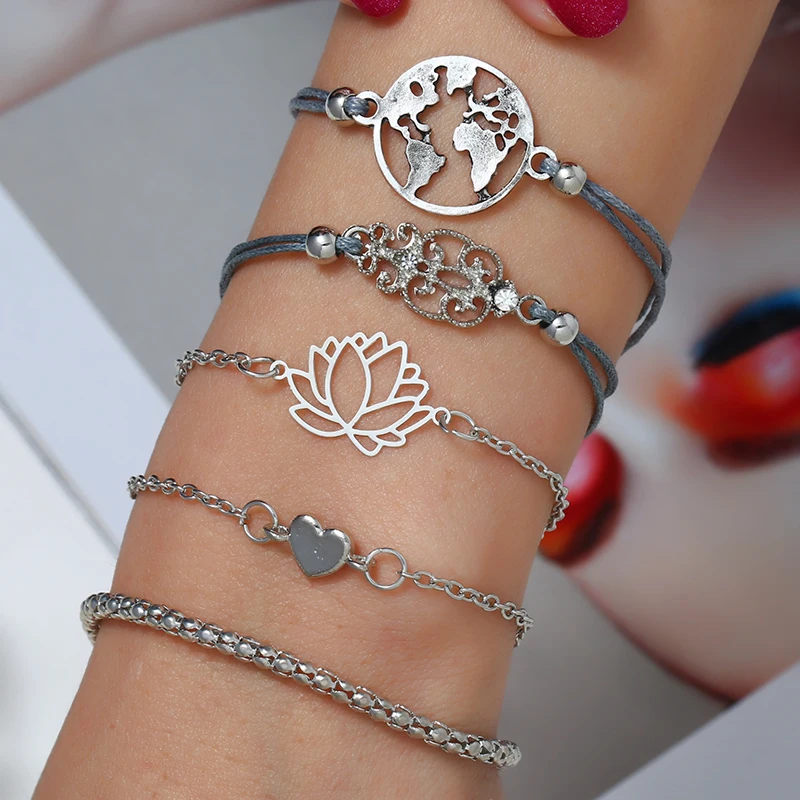 WNGMNGL 2019 Simple Design 5/set Silver Flower Heart Geometric Bracelet For Rope Chain Women Bangles Female Jewelry Lady Gift
WNGMNGL 2019 Simple Design 5/set Silver Flower Heart Geometric Bracelet For Rope Chain Women Bangles Female Jewelry Lady Gift