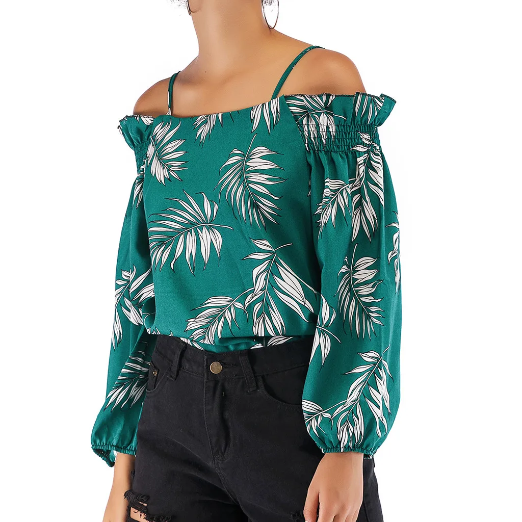 spring chiffon fashion women's slant collar word leaf print sling strapless shirt casual | Женская одежда