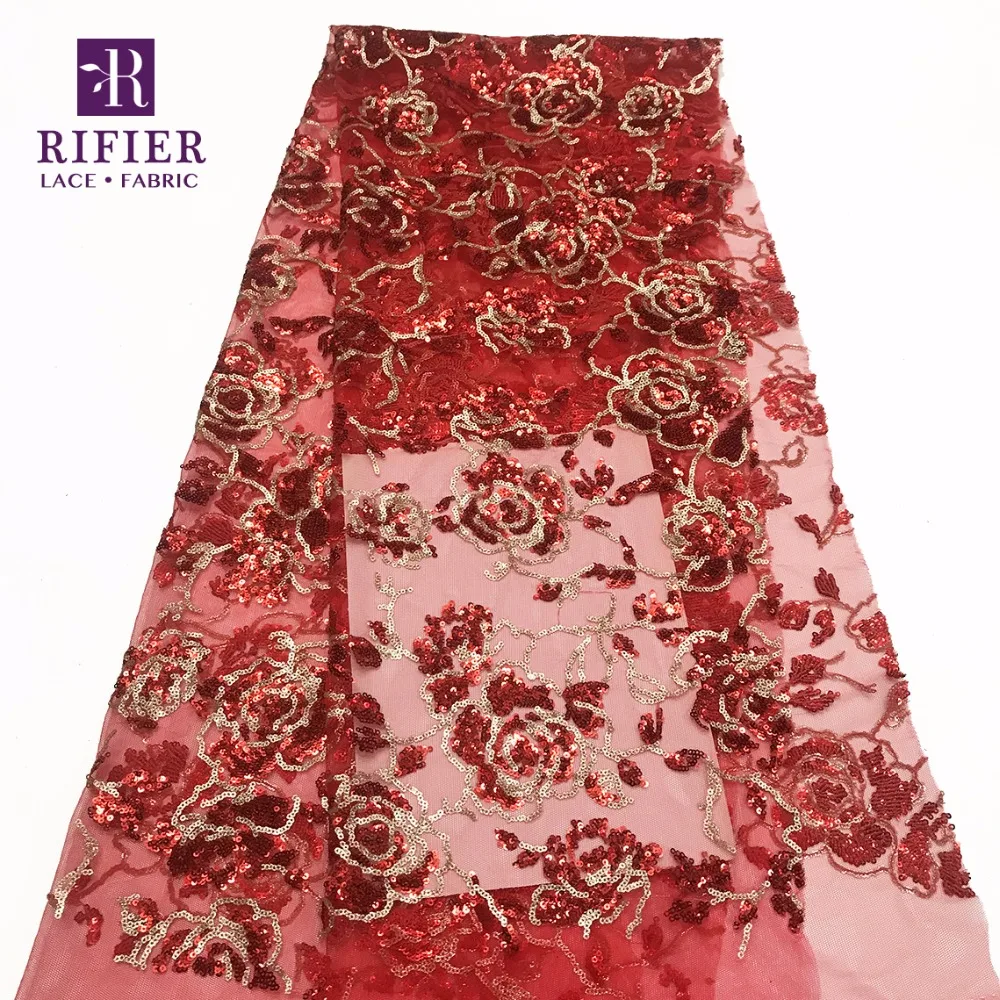 Фото Новейшая модная красная кружевная ткань с блестками для - купить