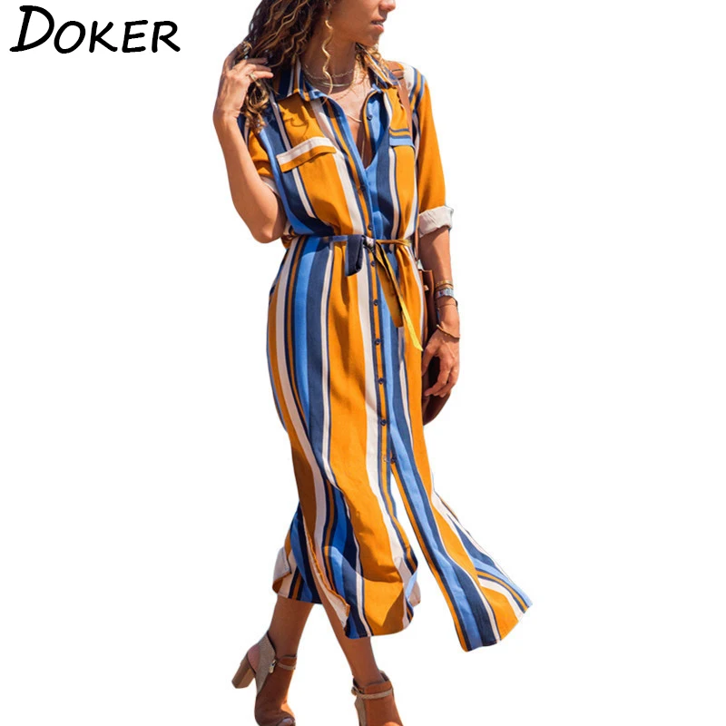 2020 Office Ladies Long Sleeve Striped Shirt Dress Women Turn-down Collar Long Chiffon Beach Dress Plus Size Elegant Party Dress
2020 Office Ladies Long Sleeve Striped Shirt Dress Women Turn-down Collar Long Chiffon Beach Dress Plus Size Elegant Party Dress