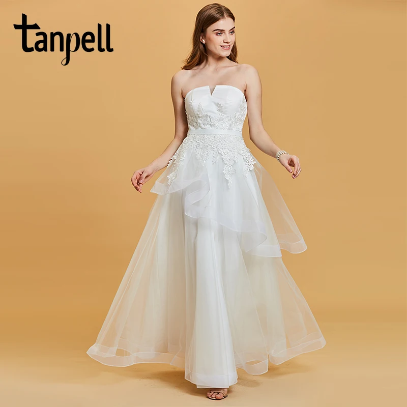 

Tanpell strapless evening dress white sleeveless floor length a line gown lady appliques wedding party formal long evening dress