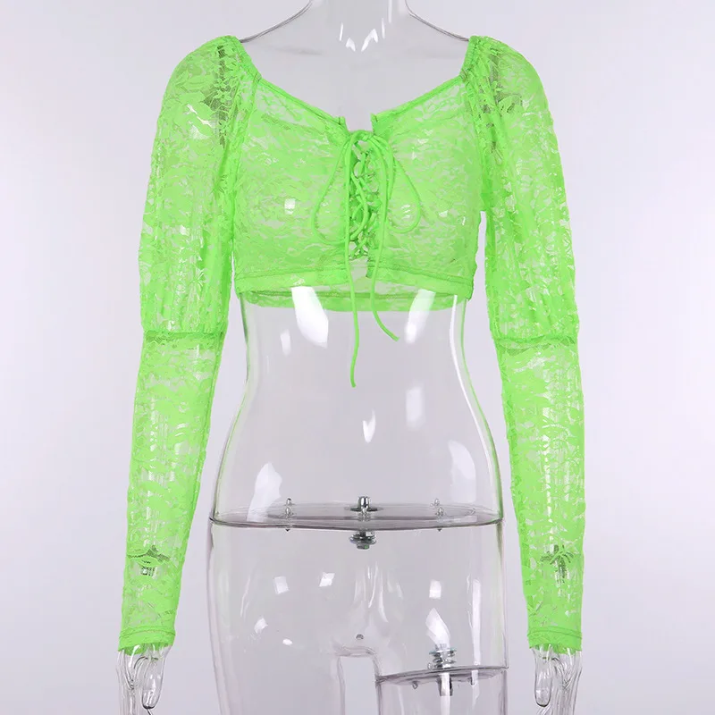 Sexy green Sheer Lace Crop Top Women Shirts Lace-up nine quarter Sleeve Lace Tops Female shirt Bandage dew navel Blouses
Sexy green Sheer Lace Crop Top Women Shirts Lace-up nine quarter Sleeve Lace Tops Female shirt Bandage dew navel Blouses