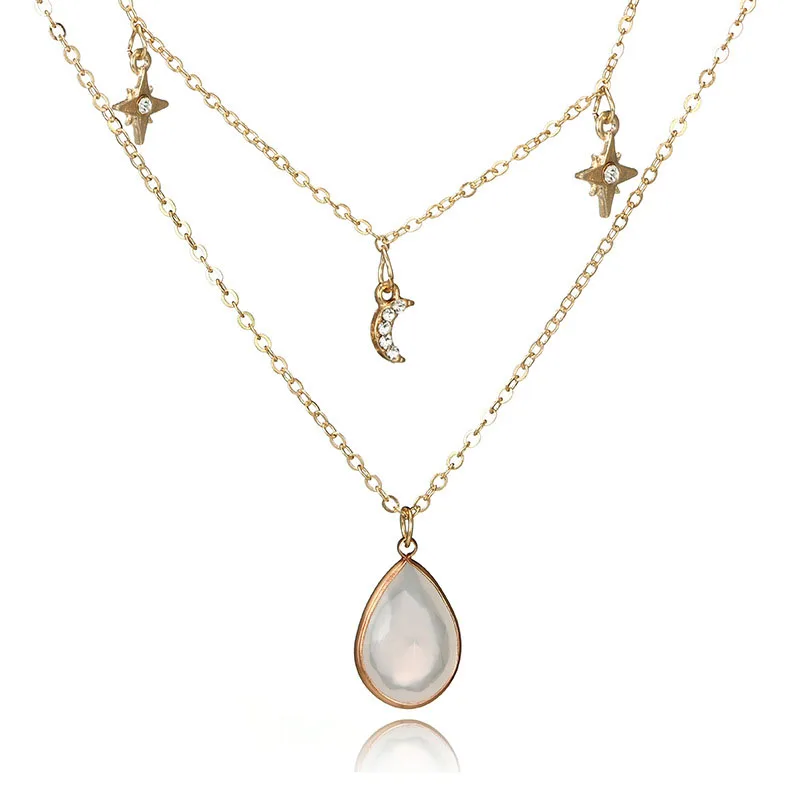 2018 Fashion Long Chain Bohemian Pentagram Moon Zircon Multilayer Necklace Colored Stone Summer Beach Women's Jewelry | Украшения и
