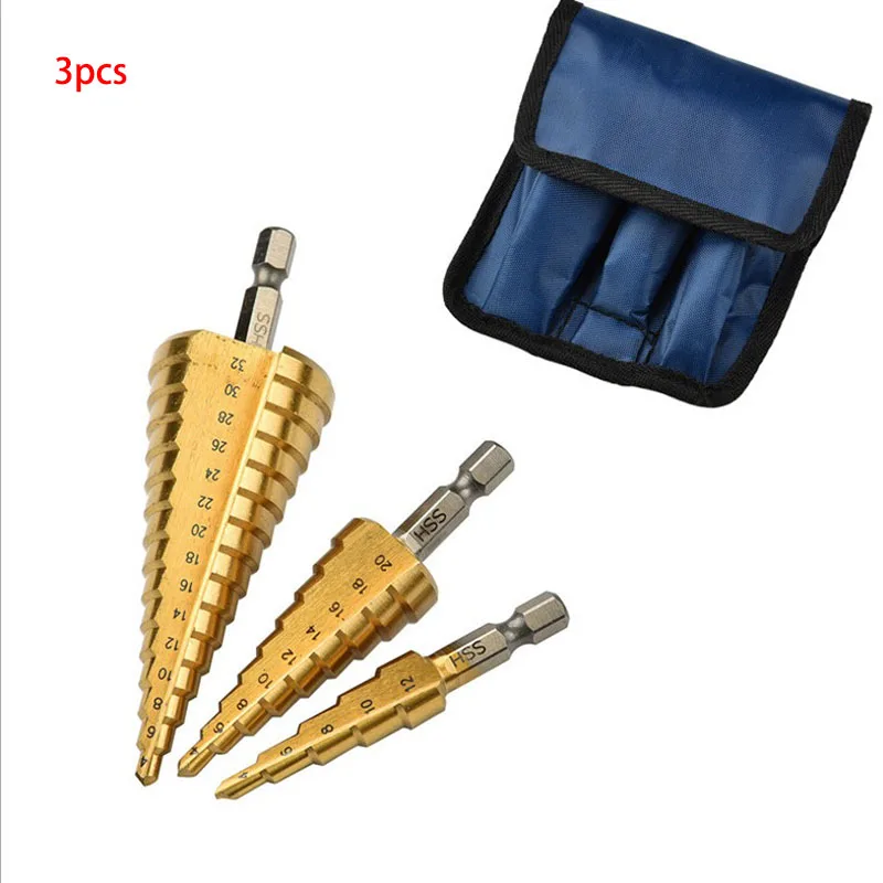 3pcs HSS Step Drill Bits Titanium Coated Ferramentas Pagoda Drill Bit Set Woodworking Perforator 1/4" Hex Shank Hole Cutter Tool
3pcs HSS Step Drill Bits Titanium Coated Ferramentas Pagoda Drill Bit Set Woodworking Perforator 1/4" Hex Shank Hole Cutter Tool