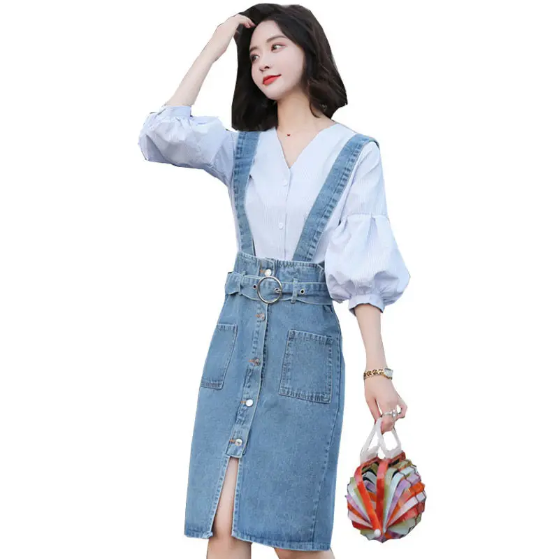 Denim Strap Dress Spring Summer 2 Piece Set Women V-neck Stripe Shirt Tops & Button Split Jeans Step Skirt Set Ladies Saia f643
Denim Strap Dress Spring Summer 2 Piece Set Women V-neck Stripe Shirt Tops & Button Split Jeans Step Skirt Set Ladies Saia f643
