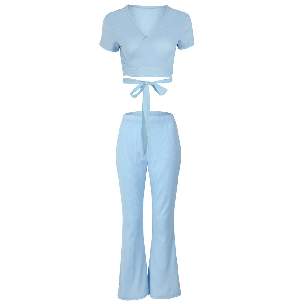 Women 2 Piece Set Top and Pants Casual Woman Set Blue Off The Shoulder Crop Sashes Top and Drawstring Pants Set