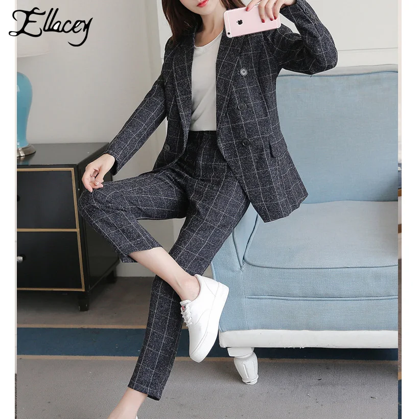 Фото Женский костюм Ellacey винтажный в стиле ретро клетчатые брюки из 2 - купить