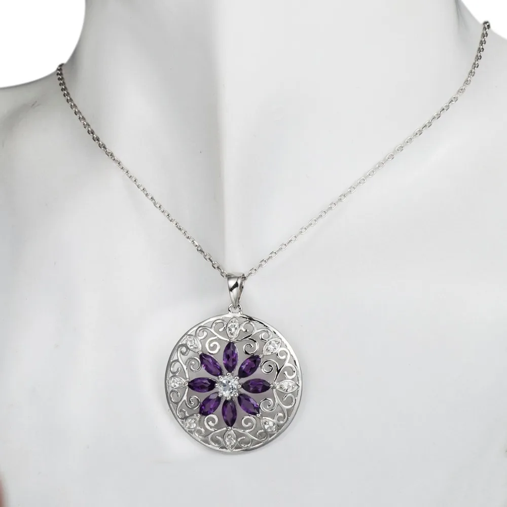 Hutang Stone Jewelry 2.42 CT Natural Amethyst, White Topaz Solid 925 Sterling Silver Filigree Flower Pendant Necklace For Women
Hutang Stone Jewelry 2.42 CT Natural Amethyst, White Topaz Solid 925 Sterling Silver Filigree Flower Pendant Necklace For Women