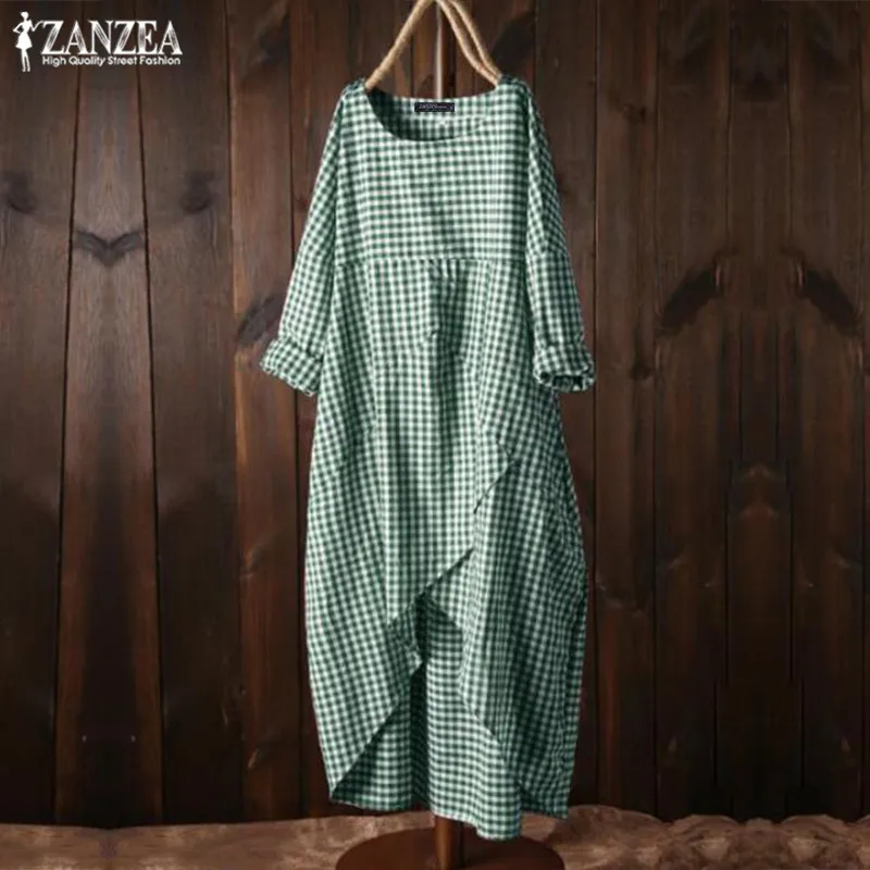 Платье ZANZEA женское винтажное в клетку сарафан средней длины повседневный