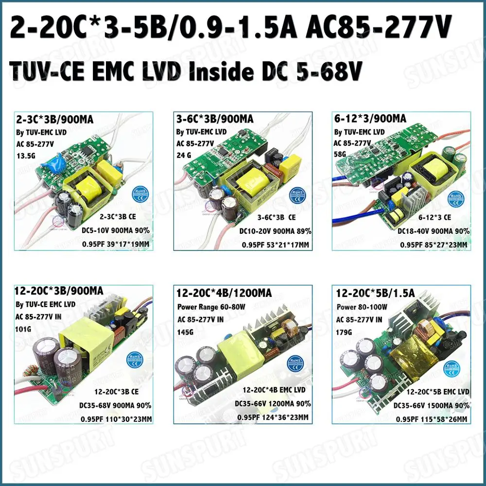 

2-20Pieces TUV-CE EMC LVD PFC Inside 5-100W AC85-277V LED Driver 2-20Cx3-5B 0.9-1.5A DC5-68V Constant Current Lamp Free Shipping