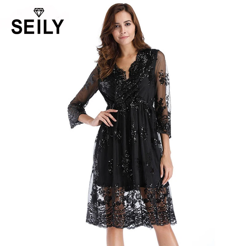 Seily Autumn Elegant Black Embroidery Sequin Lace Midi Dresses 3/4 Sleeve Tunic Party A-Line Dress Vestidos XXL Robe Sexy Femme
Seily Autumn Elegant Black Embroidery Sequin Lace Midi Dresses 3/4 Sleeve Tunic Party A-Line Dress Vestidos XXL Robe Sexy Femme