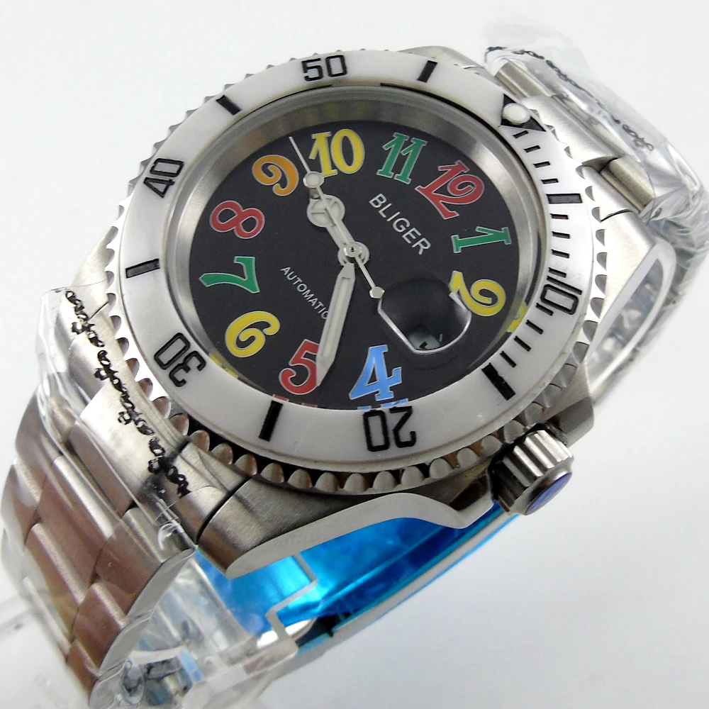 Bliger 40mm black dial date colorful marks saphire glass whiteCeramic Bezel Automatic movement Men's watch
Bliger 40mm black dial date colorful marks saphire glass whiteCeramic Bezel Automatic movement Men's watch