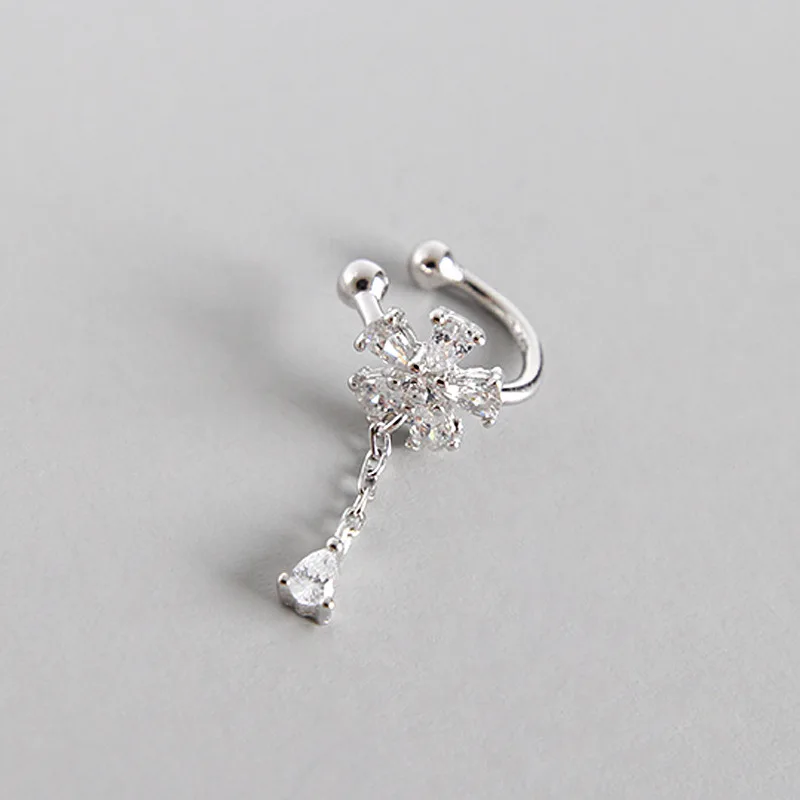 ONLY 1PC 7.6MM 100% real. Authentic 925 Sterling silver Flower White CZ 4A Clip Earrings tassel (No pierced) Fine jEWELRY E40 | Украшения и