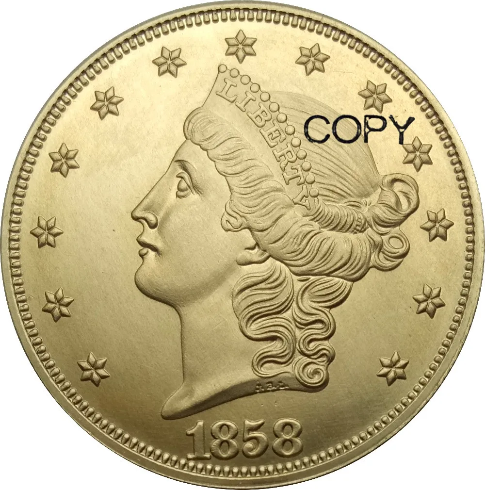 Золотые монеты 20 долларов США, 1858, Либерти Хед бэйбл, без девиза, TWENTY D. Латунные металлические копии монет
Золотые монеты 20 долларов США, 1858, Либерти Хед бэйбл, без девиза, TWENTY D. Латунные металлические копии монет